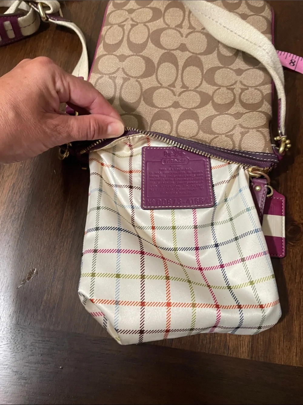 Coach Tan Signature Crossbody with Pink Stripe